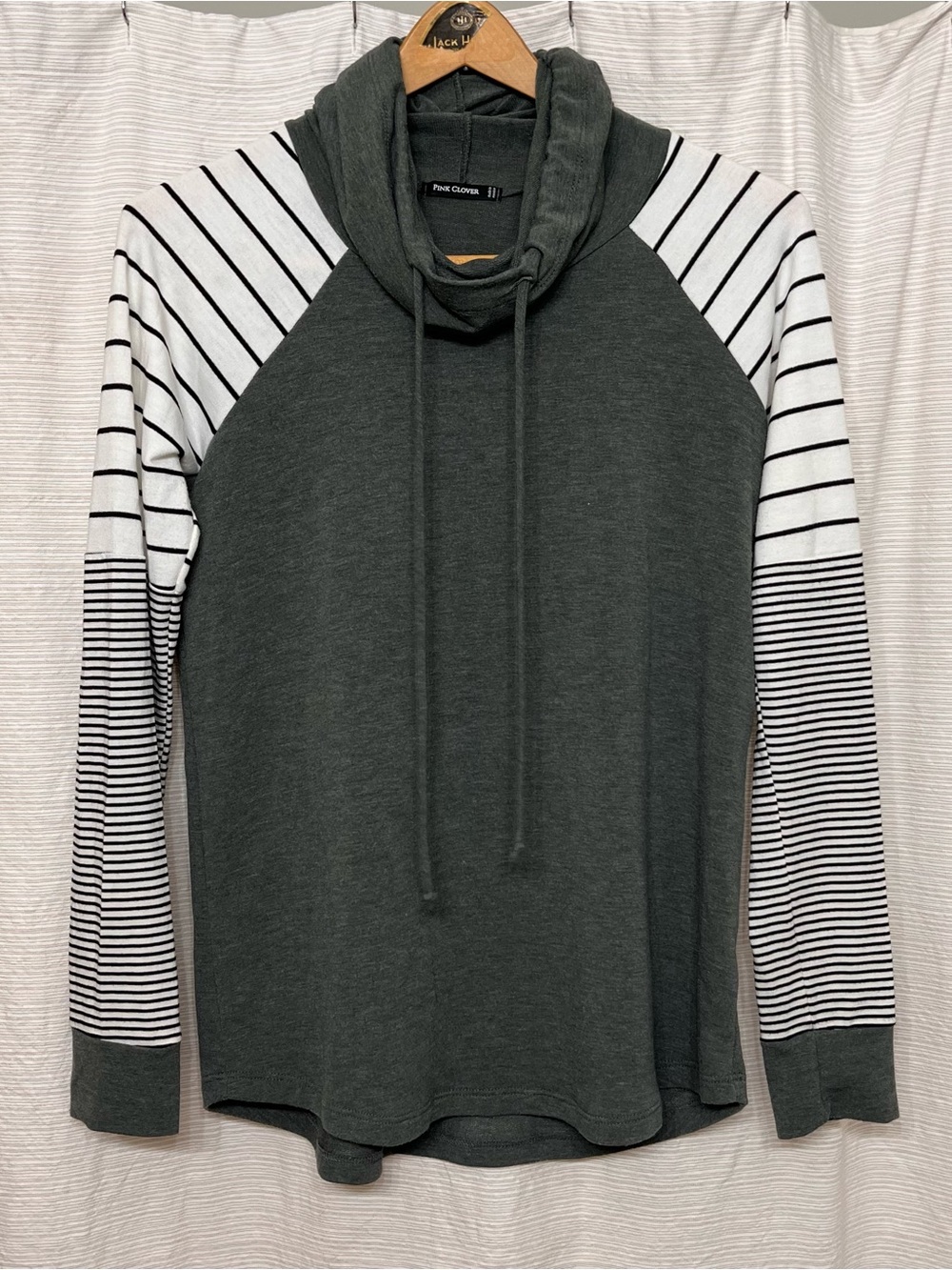 Pink Clover Dark Green Pullover Hoodie with Black & White Striped Sleeves